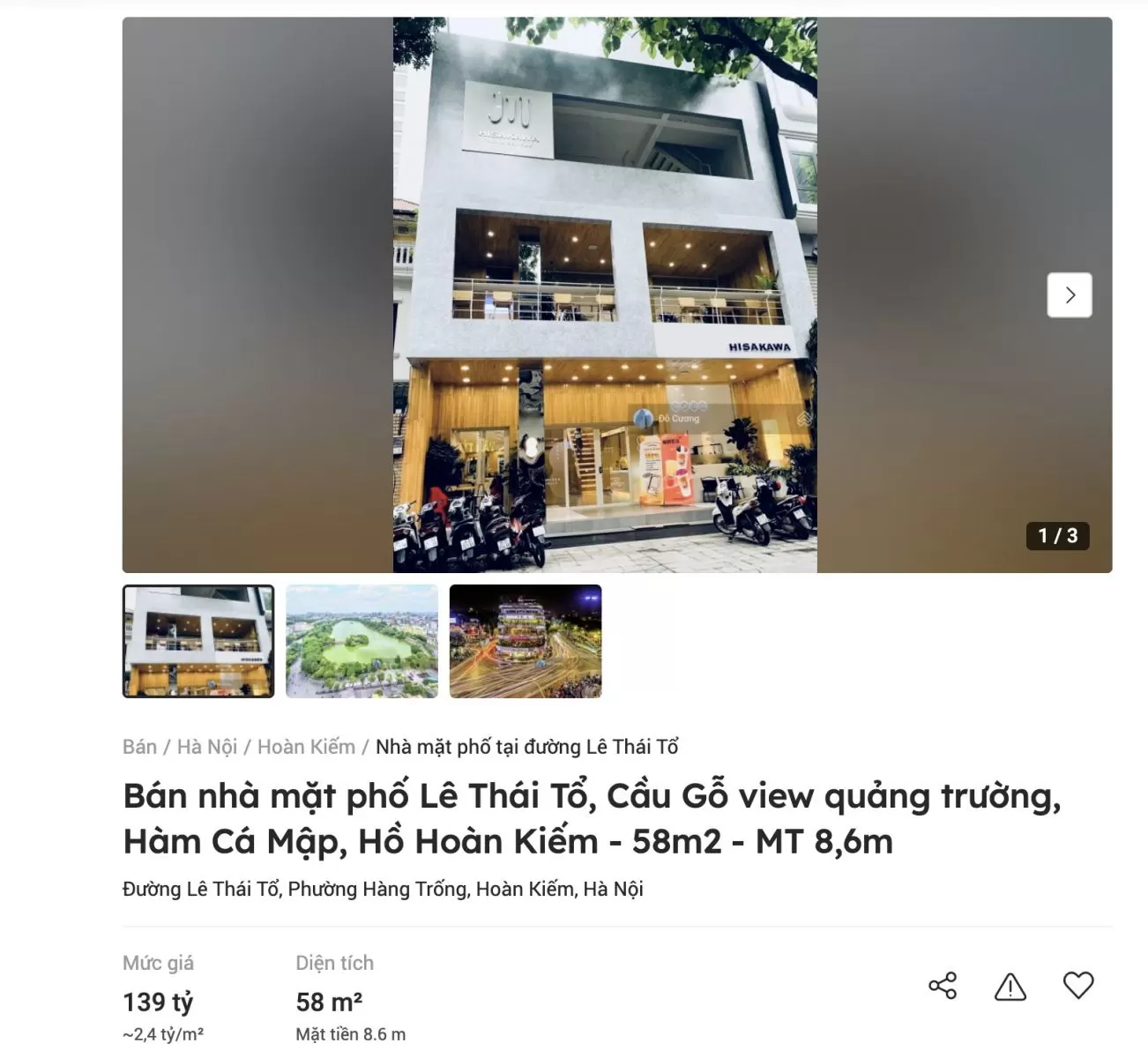 Cụ thể, theo bảng giá đất mới, mức cao nhất của thành phố thuộc về quận Hoàn Kiếm với giá 695,3 triệu đồng/m2, gồm các đường Lê Thái Tổ, Hàng Ngang, Hàng Đào, Trần Hưng Đạo, Nhà Thờ, Hai Bà Trưng. Tuy nhiên, theo khảo sát, giá nhà đất tại các vị trí này có giá rao bán thực tế trên thị trường cao gấp nhiều lần. Đơn cử, 1 căn nhà mặt phố Lê Thái Tổ có diện tích 58m2, mặt tiền 8,6m, view quảng trường, Hàm Cá Mập và hồ Hoàn Kiếm hiện đang được rao bán với giá 139 tỷ đồng, tương đương khoảng 2,4 tỷ đồng/m2, gấp 3,4 lần so với giá trên bảng giá đất.