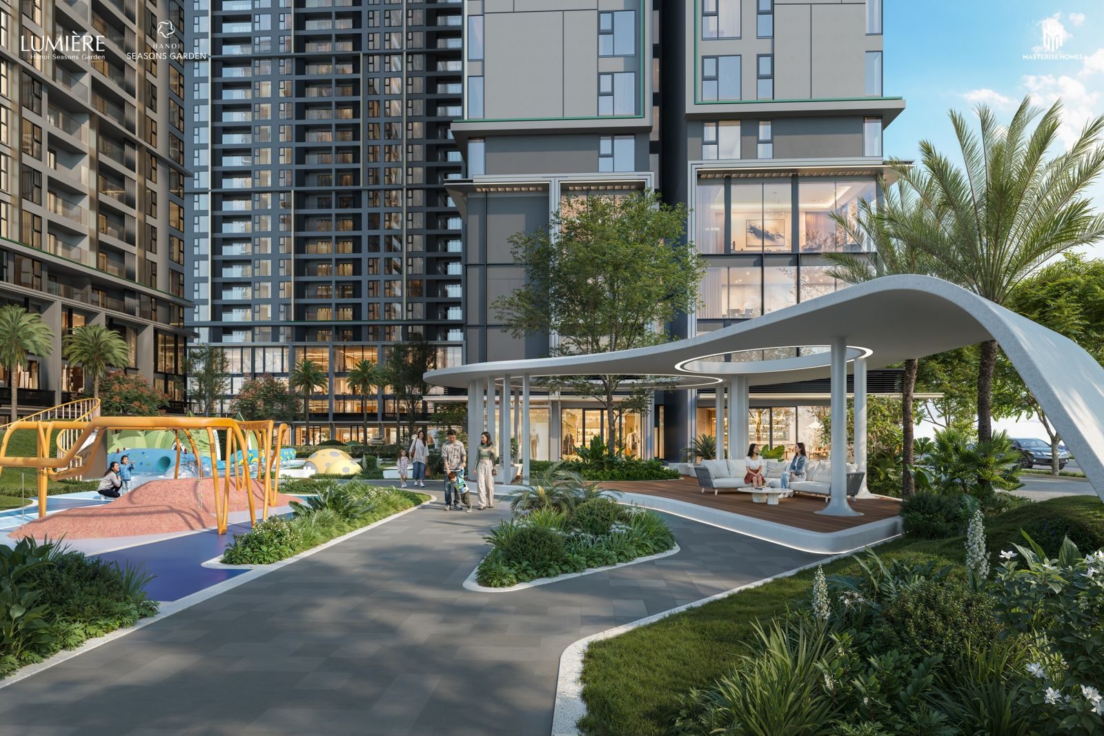 ◉ Family Pavilion – Không gian gia đình ngoài trời
Khu Family Pavilion được thiết kế như một điểm nghỉ chân mềm mại giữa cảnh quan xanh, kết hợp ghế ngồi, mái che và khu vui chơi trẻ em liền kề. Đây là không gian lý tưởng để cha mẹ thư giãn, quan sát con vui chơi và tận hưởng nhịp sống nhẹ nhàng ngay trong nội khu.
Không gian nghỉ chân có mái che, thiết kế mềm mại.
Gần khu vui chơi trẻ em, thuận tiện cho gia đình.
Nhiều cây xanh, lối dạo và ghế ngồi thư giãn.
Phù hợp cho sinh hoạt nhẹ, trò chuyện, đọc sách hoặc nghỉ ngơi cuối ngày.