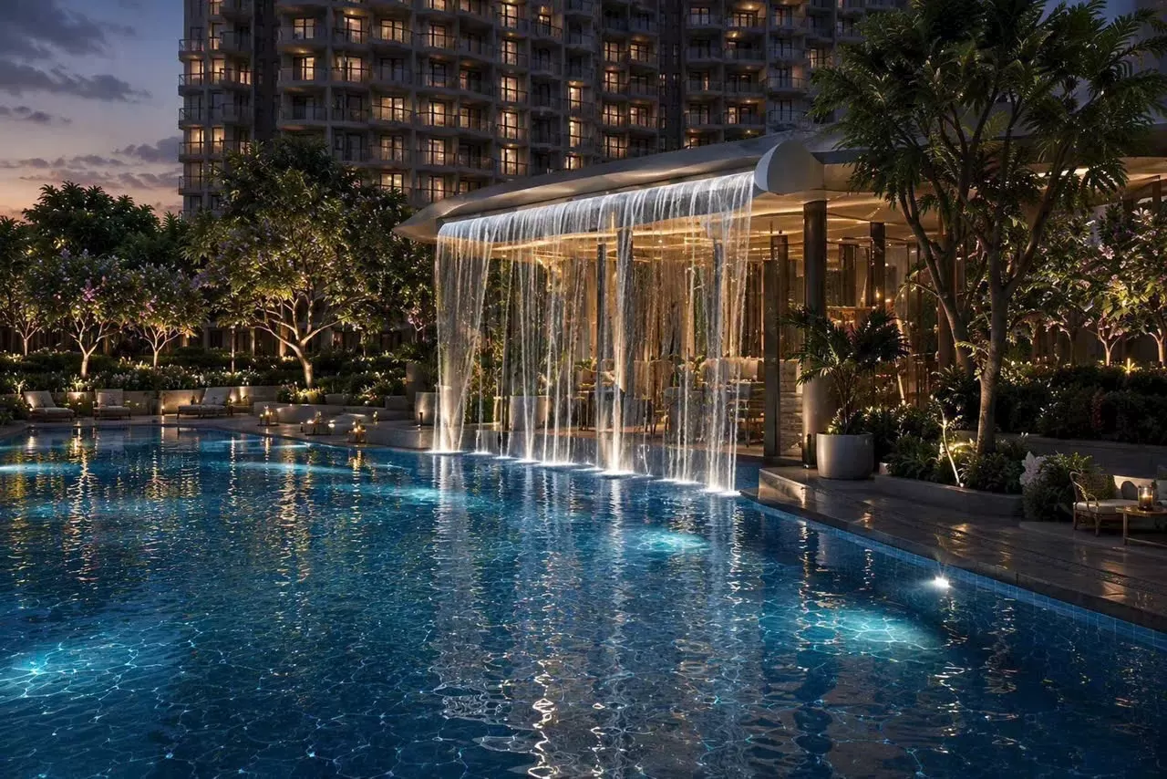 ◉ Bể bơi nghỉ dưỡng & thác nước cảnh quan
Khu bể bơi tại LUMIÈRE Hanoi Seasons Garden mang tinh thần nghỉ dưỡng cao cấp, kết hợp mặt nước, ánh sáng, cây xanh và thác nước cảnh quan để tạo nên một không gian thư giãn giàu cảm xúc. Đây không chỉ là nơi bơi lội, mà còn là điểm chạm của phong cách sống resort ngay trong lòng Hà Nội.
Không gian mặt nước rộng, tạo cảm giác nghỉ dưỡng.
Thác nước và ánh sáng giúp tăng trải nghiệm thư giãn về đêm.
Phù hợp cho cả vận động, nghỉ ngơi và tái tạo năng lượng.
Góp phần nâng tầm chất sống resort trong khu căn hộ nội đô.