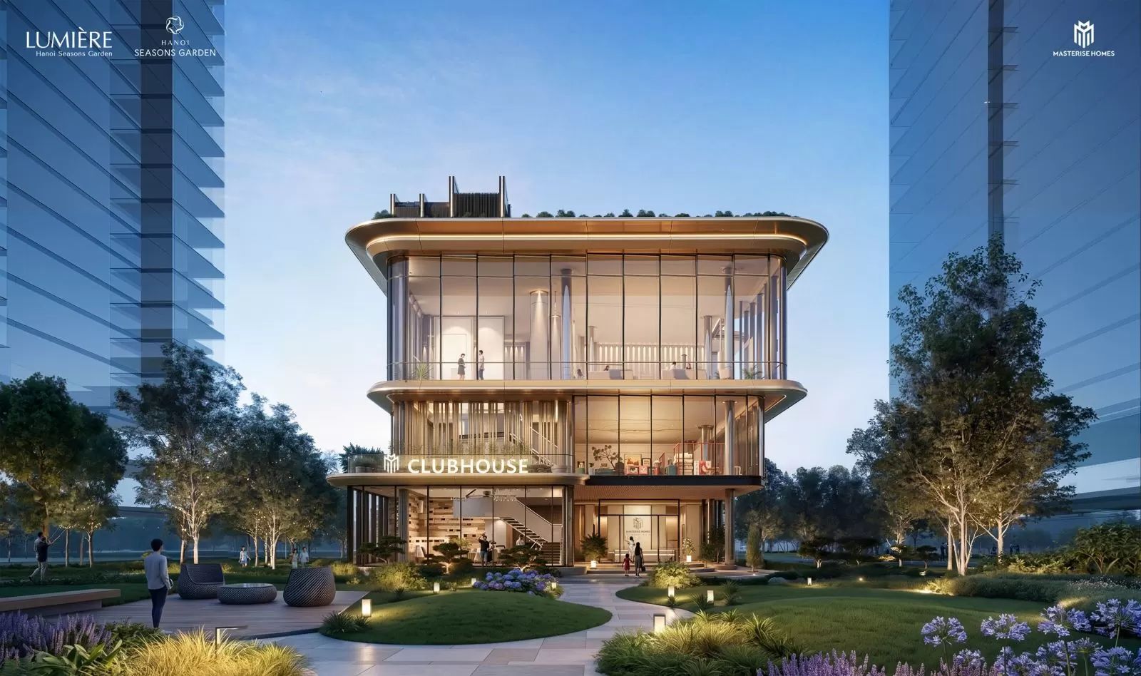 ◉ Clubhouse – “phòng khách thứ hai” của cộng đồng cư dân
Clubhouse tại LUMIÈRE Hanoi Seasons Garden được định vị như trung tâm tiện ích trong nhà cao cấp, nơi cư dân có thể gặp gỡ, tiếp khách, làm việc, thư giãn và tham gia các hoạt động cộng đồng. Thiết kế kính hiện đại, không gian mở và cảnh quan xanh bao quanh giúp Clubhouse trở thành điểm nhấn sang trọng trong tổng thể dự án.
Thiết kế hiện đại, sang trọng, nhiều mảng kính và ánh sáng.
Là nơi kết nối cộng đồng cư dân tinh hoa.
Tích hợp các không gian thư giãn, làm việc và tiếp khách.
Góp phần nâng chuẩn sống cao cấp cho toàn khu.