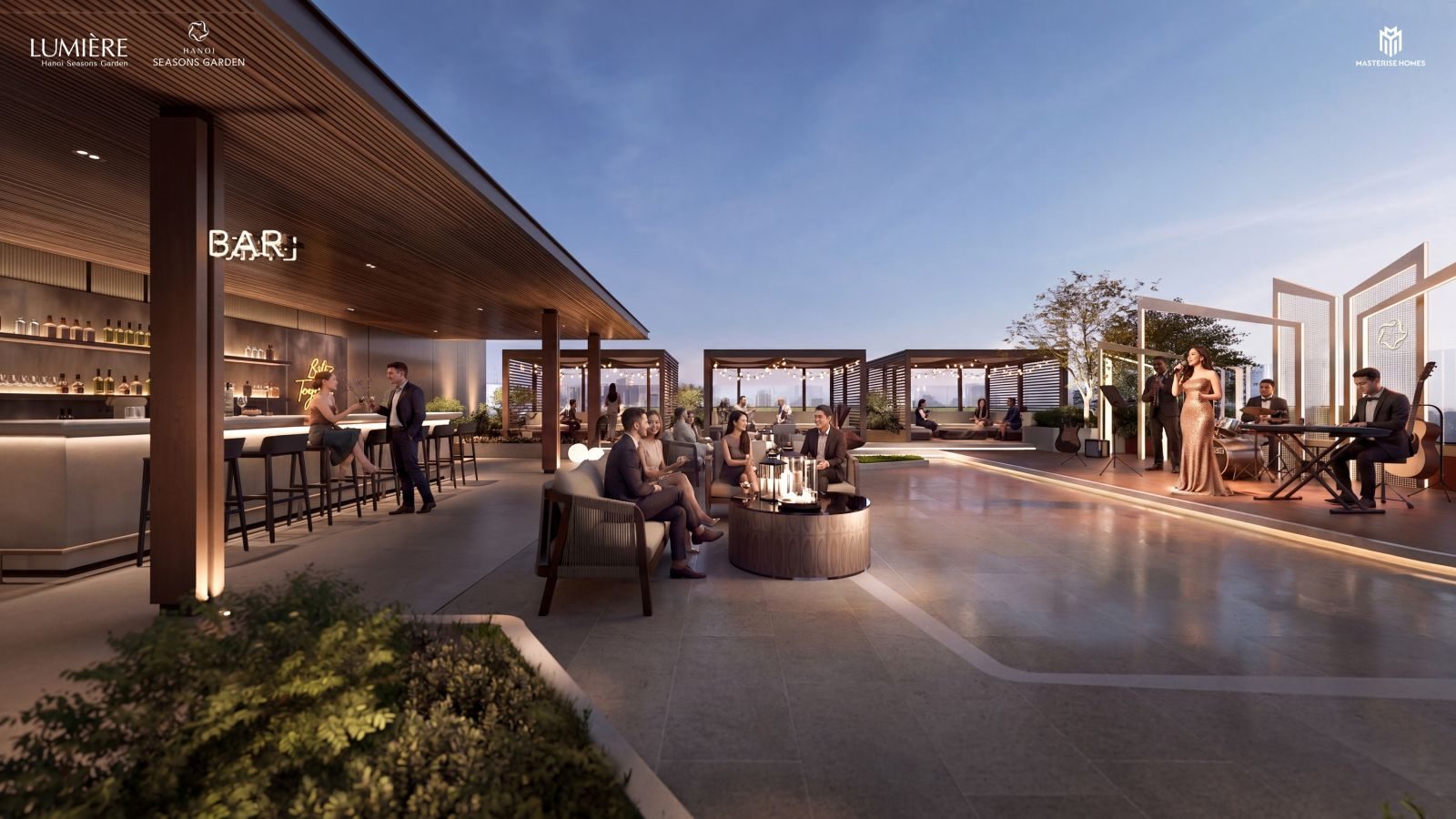 ◉ Rooftop Bar – không gian thư giãn trên tầng cao
Rooftop Bar mang đến trải nghiệm thư giãn khác biệt cho cư dân với không gian mở, tầm nhìn thoáng và bầu không khí sang trọng. Đây là nơi lý tưởng để gặp gỡ bạn bè, tiếp khách thân mật hoặc tận hưởng những buổi tối nhẹ nhàng sau một ngày làm việc.
◉ Với thiết kế mang màu sắc lounge cao cấp, khu vực này bổ sung thêm một lớp tiện ích giàu cảm xúc cho cư dân LUMIÈRE Hanoi Seasons Garden – nơi cuộc sống không chỉ dừng lại ở nhu cầu ở, mà còn là tận hưởng phong cách sống.
Không gian rooftop thoáng, phù hợp thư giãn buổi tối.
Thiết kế lounge sang trọng, có khu bar và ghế ngồi ngoài trời.
Phù hợp tiếp khách, gặp gỡ bạn bè, tổ chức tiệc nhỏ.
Tạo dấu ấn phong cách sống cao cấp cho cư dân.